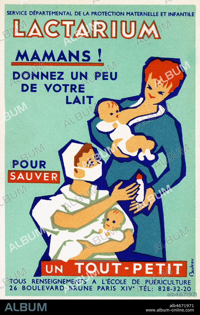 Service departemental de la protection maternelle et infantile (PMI ) , LACTARIUM : Mamans, donnez un peu de votre lait pour sauver un tout petit. Tous renseignements a l'ecole de puericulture 26 boulevard Brune, Paris 14eme. Carte postale annees 50. Credit Collection Grob/Kharbine Tapabor.