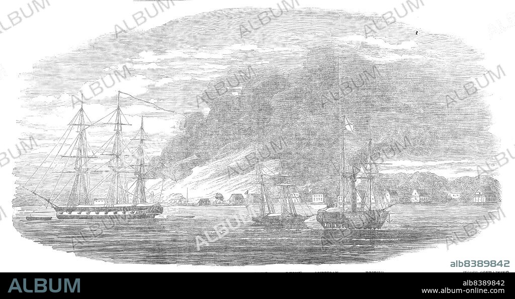 The Burning of Greytown, 1854. 'Post-office and Mosquito flag-staff; Hanseatic Consulate; Lyons' Hotel; American Consulate; British Consulate; house containing the powder'. Bombardment of San Juan del Norte by the US Navy, '...perpetrated for the most part on defenceless Indians...the houses being principally composed of wood, and for the most part thatched - many of the stores, also, containing large quantities of spirits - the fire was most rapid and destructive...the house at the lower extremity of the town contained some hundred and sixty barrels of powder, which was fired by train and blown up...Some of the crew of the Cyane being Englishmen, positively refused to fire, as they considered the Mosquito flag under the protection of the British Government...they were immediately put in irons, to be tried as mutineers, on the arrival of the ship in the United States'. From "Illustrated London News", 1854.