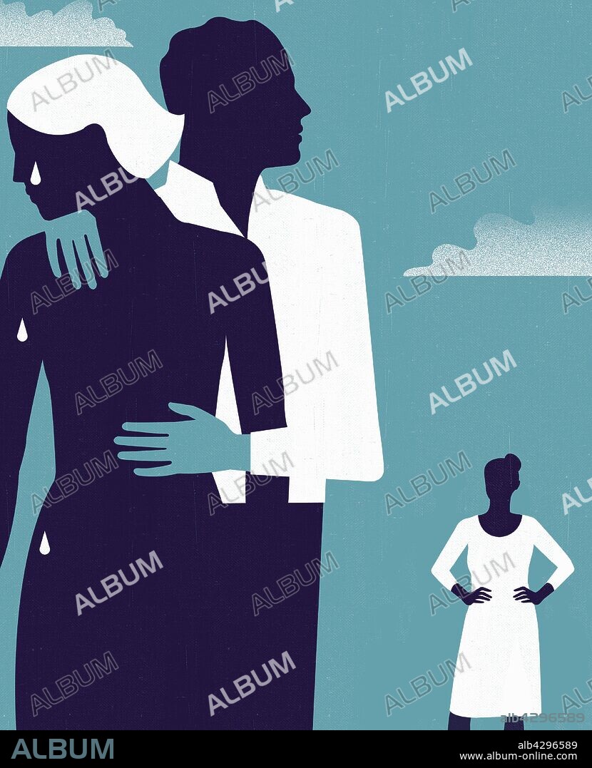 Woman watching man comforting crying woman.
