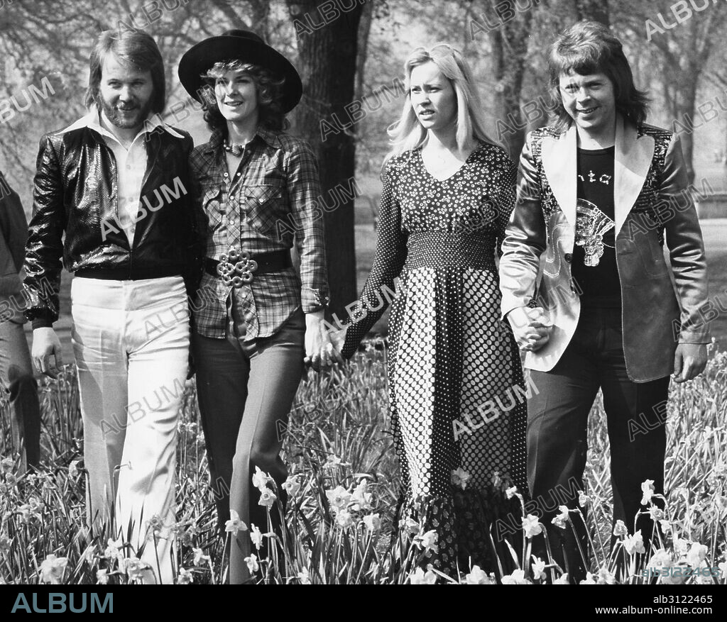 Apr. 9, 1974 - London, England, U.K. - One of the most dominating forces of popular music was a group from Sweden called 'ABBA', a musical entity consisting of two couples, who became by far the most successful act of that decade. PICTURED: In Hyde Park, London, after winning the European Song Contest; BENNY ANDERSSON, ANNI-FRID LYNGSTAD, AGNETHA FALTSKOG and BJORN ULVAEUS. (Credit Image: © Keystone Press Agency/Keystone USA via ZUMAPRESS.com). 09/04/1974