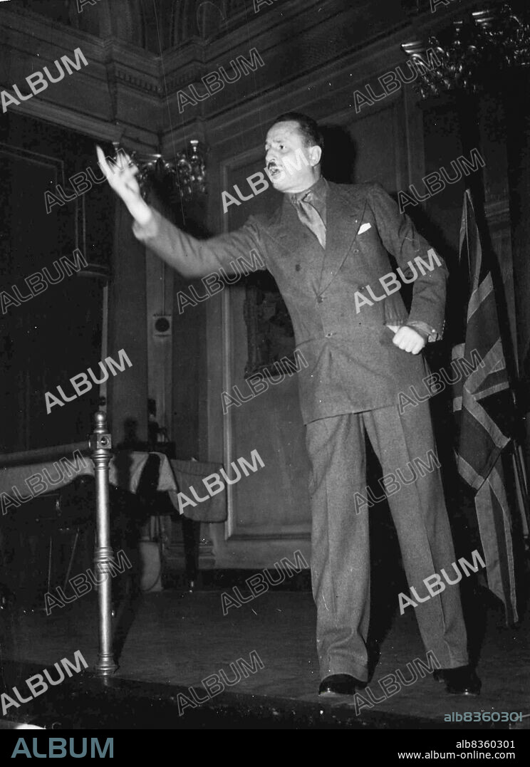 Sir Oswald Mosley at Kensington...Sir Oswald Mosley speaking at ***** Town Hall... April 17, 1950. (Photo by Daily Mail Contract Picture).