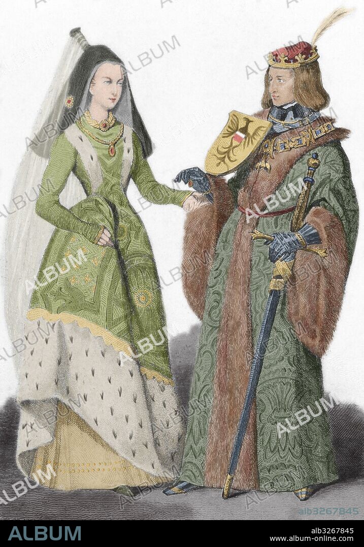MAXIMILIANO I DE HABSBURGO (Wiener Neustadt, 1459-Wels, 1519). Emperador germánico (1493-1519). Hijo de Federico III, se casó en 1477 con María de Borgoña, hija de Carlos el Temerario. Se opuso a Luís XI, que le derrotó en 1479 en Guinegatte, obteniendo los Países Bajos. Grabado coloreado donde se representa a MAXIMILIANO I CON SU ESPOSA MARIA DE BORGOÑA.