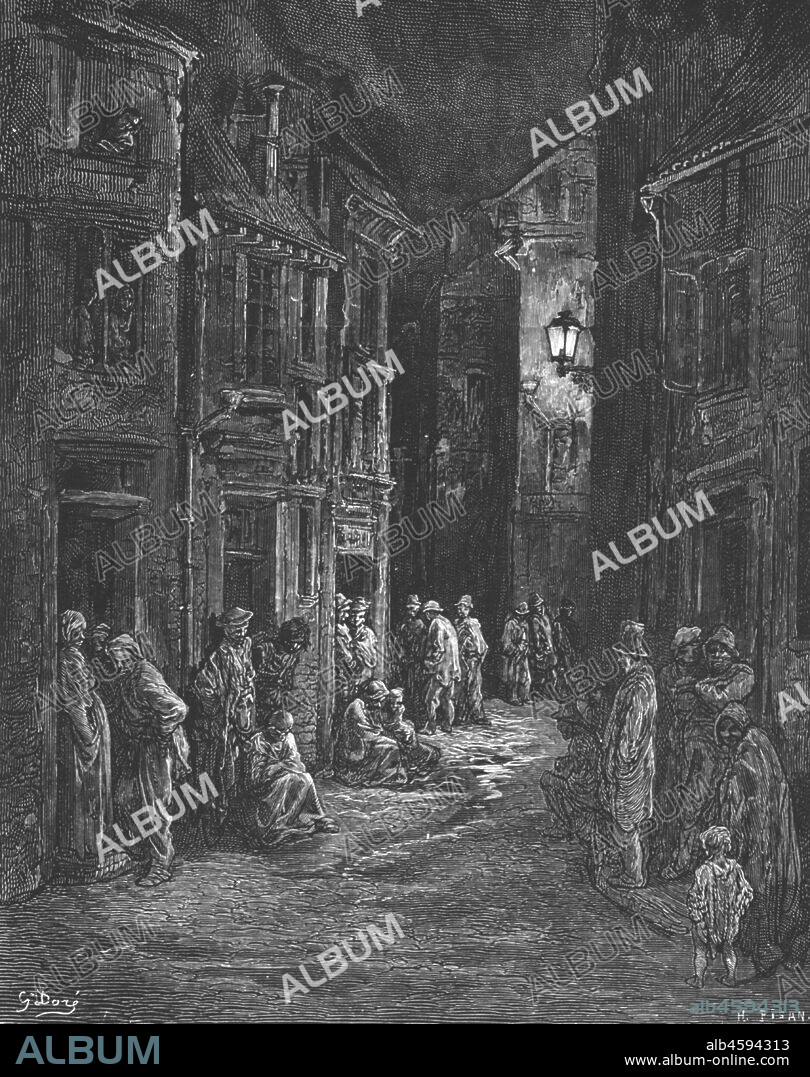 PAUL GUSTAVE DORÉ. 'Bluegate Fields', 1872. Bluegate Fields was one of the worst slums during the Victorian era and geatured in The Picture of Dorian Gray by Oscar Wilde. From, "LONDON. A Pilgrimage" by Gustave Dore and Blanchard Jerrold. [Grant and Co., 72-78, Turnmill Street, E.C., 1872].