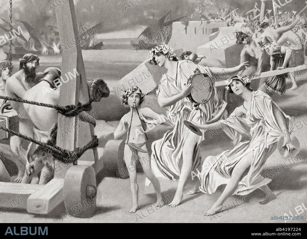 Demolition of the long walls of Athens, Greece in 403 BC.  The Long Walls  constructed in the mid 5th century BC in several phases to connect Athens to its ports at Piraeus and Phalerum. Around 6 km in length, they were destroyed by the Spartans in 403 BC after Athens' defeat in the Peloponnesian War.  From Hutchinson's History of the Nations, published 1915.
