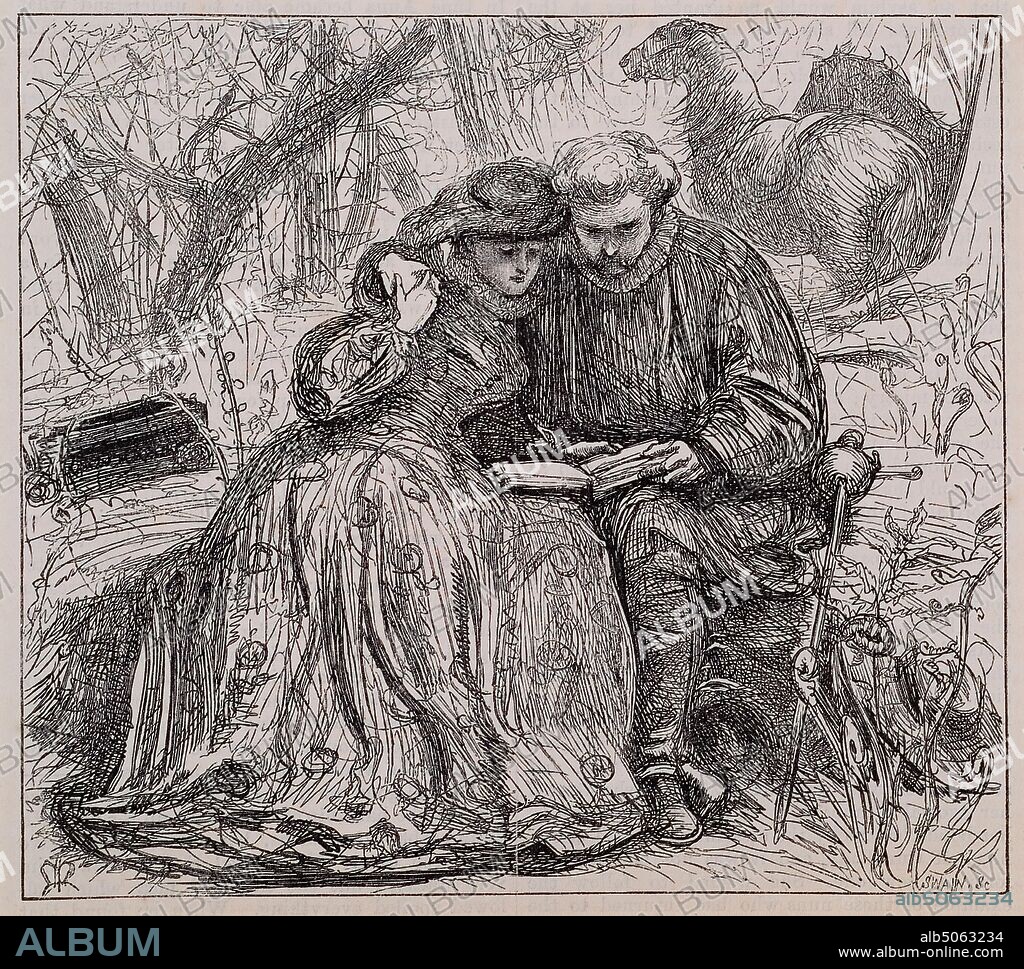 Sister Anna's Probation, Anna and Henry Are United,1862 John Everett Millais (d.1896) and Joseph Swain (d.1909), Reading, Tree, 19th Century, Wood, Animal, Horse, Printing, Wood Engraving, Female, Male, Seated.
