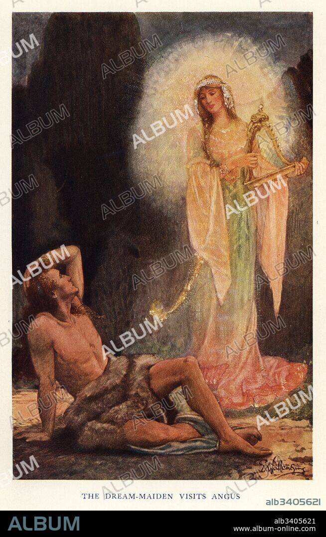 The dream maiden visits Angus, Gaelic god of love and beauty. Chromolithograph after a painting by E. Wallcousins from Charles Squire's Celtic Myth and Legend, London, 1900.