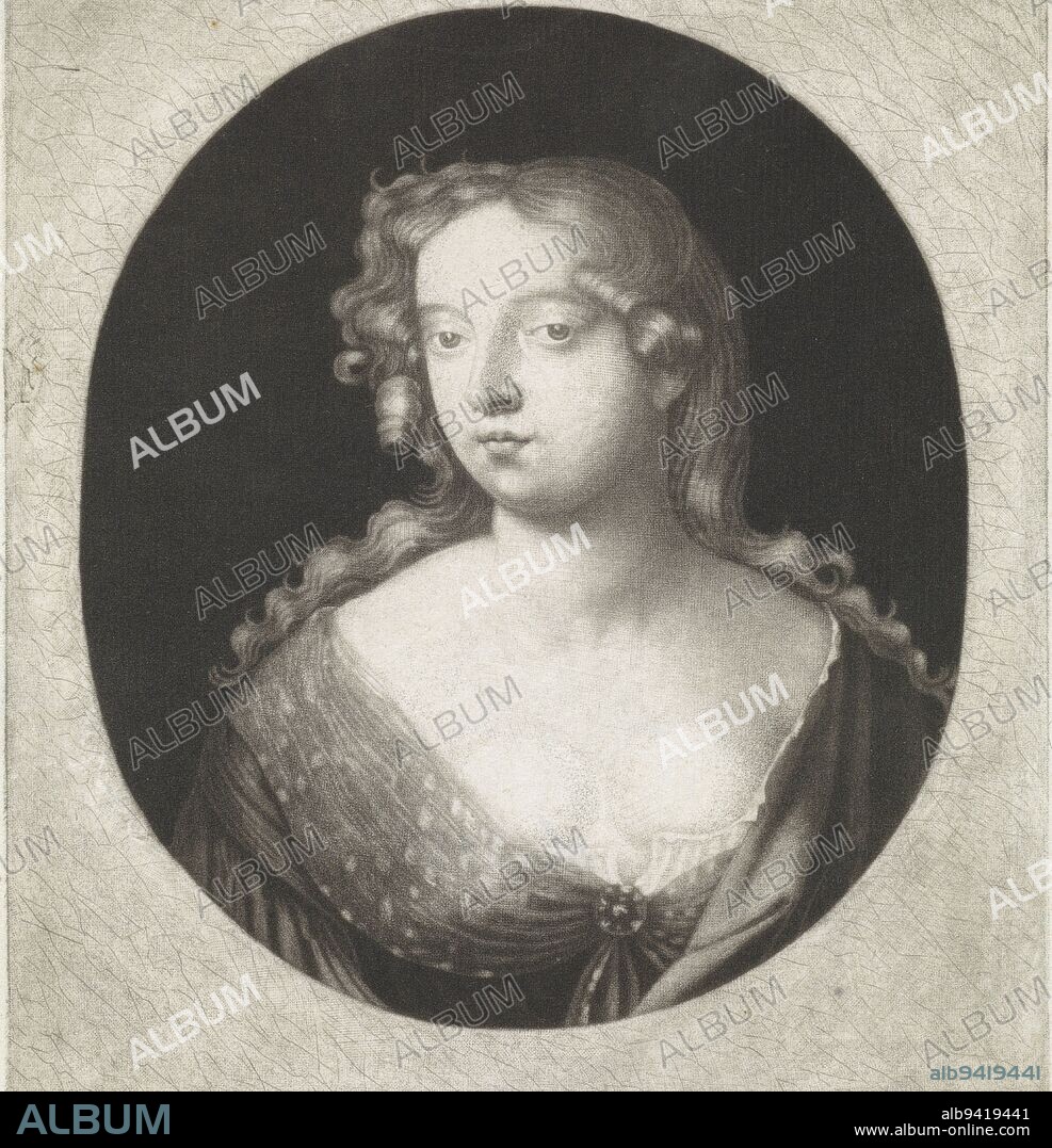 Portrait of the actress Mary Davis. She was one of the mistresses of Charles II, King of England. Portrait of Mary Davis, print maker: Abraham de Blois, (mentioned on object), Peter Lely (Sir), (mentioned on object), publisher: Nicolaes Visscher (I), (mentioned on object), Amsterdam, 1679 - 1709, paper, engraving, h 210 mm × w 156 mm.