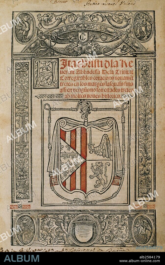 Isabel de Villena (1430-1490). Female writer in the Catalan language. Vita Christi (Christ's Life), 1527. Incunable. Spain.
