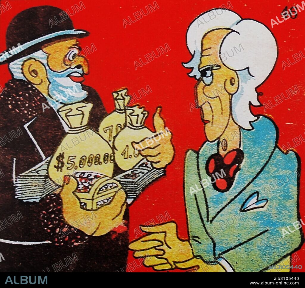 Anti-Semitic cartoon published in Spain depicting Manuel Portela y Valladares (1868 – 1952) a Spanish political figure during the Second Spanish Republic. Minister of the Interior in 1935. prime minister from 1935-1936. The cartoon depicts Valladares taking money from a Jew.