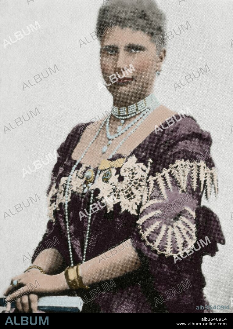 Luisa de Suecia (Lovisa Josefina Eugenia) (Estocolmo, 1851-Copenhague, 1926). Reina consorte de Dinamarca por su matrimonio con Federico VIII en 1868. Hija del rey Carlos XV de Suecia y de la princesa Luisa de los Países Bajos. Princesa de Suecia. Retrato coloreado.
