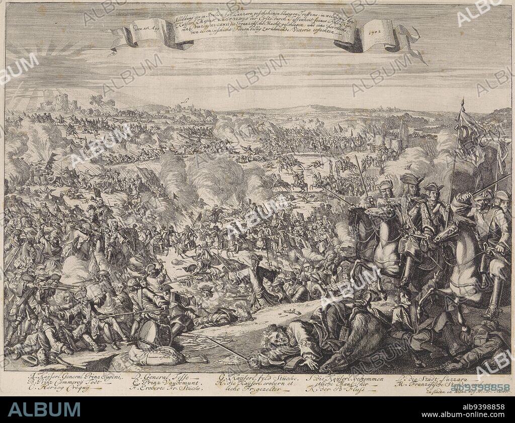 The Battle of Luzzara, a victory of the Allies over the French at Luzzara in Italy, August 15, 1702. In the foreground right Prince Eugenius of Savoy on horseback urging his troops on. The print has a German inscription in a banderole and a German caption with directions, Battle of Luzzara, 1702, print maker: Caspar Luyken, (mentioned on object), Caspar Luyken, (mentioned on object), publisher: I. C. Hueber, (mentioned on object), Vienna, 1702, paper, etching, h 343 mm × w 446 mm.