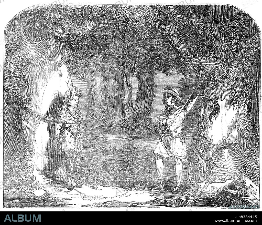 Haymarket - Scene from "The Second Calendar and the Queen of Beauty who had to fight with the Genie", 1850. London stage production by the brothers Brough. 'The plot...is taken from not only the celebrated story whose name it bears, but also from another tale in the same work, the celebrated "Arabian Nights' Entertainment", the two stories being very ingeniously dove-tailed...The introductory scene is a picnic in the Desert, in which the King of the Ebony Isles (Mr. J. Bland) incurs the displeasure of a malignant genie, Jargarhees (Mr. E. Selby)...The Prince Agib (Miss Anne Romer, her first appearance at this theatre), has been robbed by banditti, and is discovered bound to a tree by Codja, a woodman (Mr. Buckstone)...of course the Prince falls in love with the Princess, and the Genie, in his rage on discovering it, transforms the handsome Prince into an Ape (played by Mr, Lebarr)'. From "Illustrated London News", 1850.