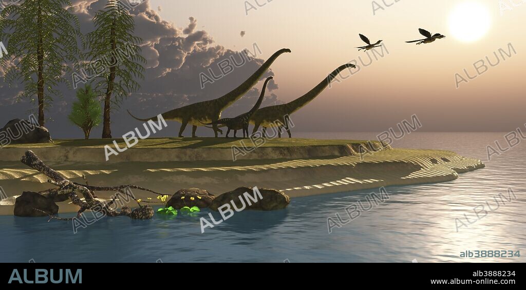 Mamenchisaurus dinosaurs walk to a lake for a morning drink as Microraptors fly overhead.