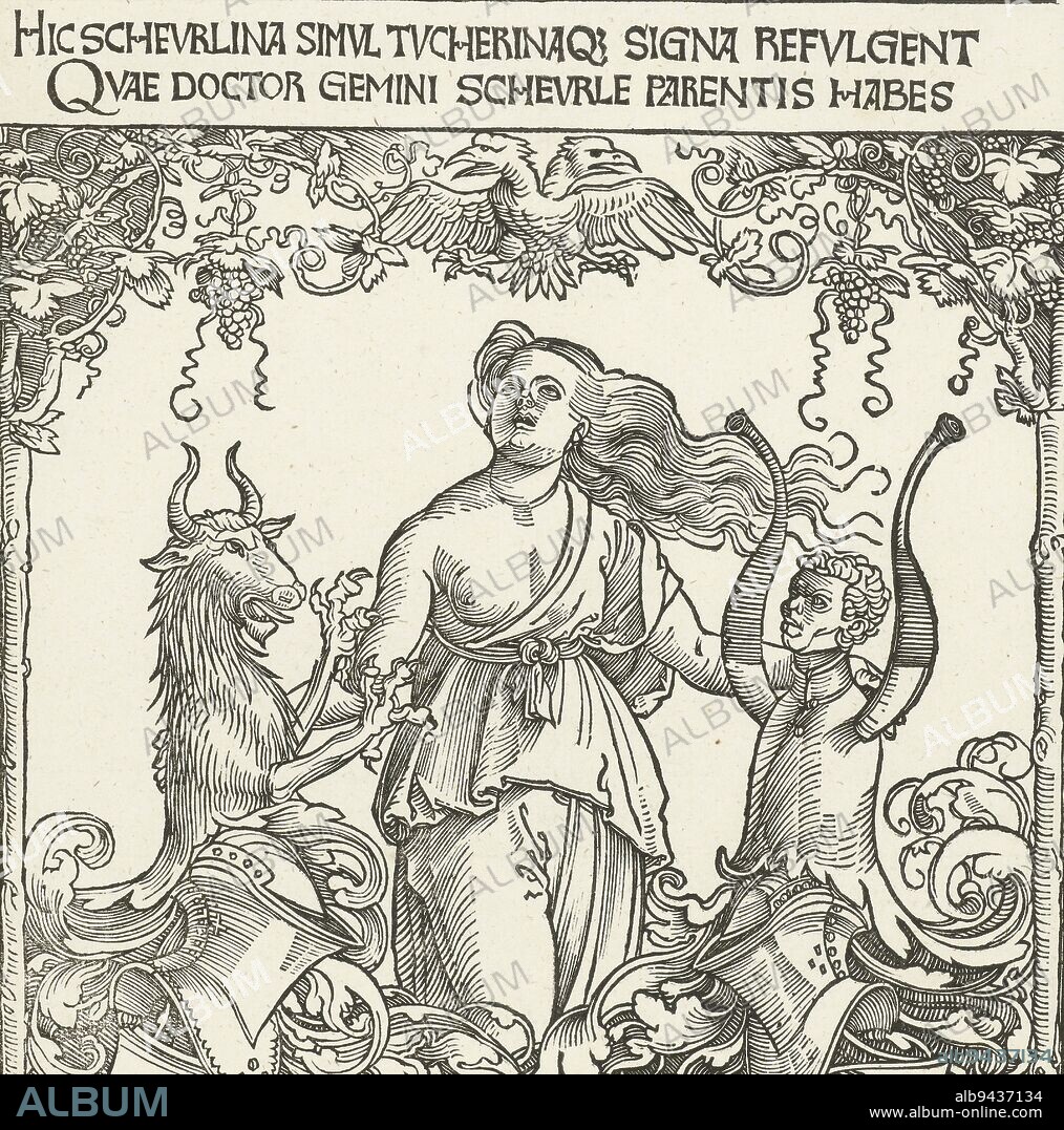 Arms of the Scheurl and Tucher Families, Albrecht Dürer (school of), 1540 - 1560, Arms of the parents of Christoph Scheurl (called Christoph Scheurl and Helena Tucher), held together by a young lady with flapping hair. In the foreground a small dog. Above the image two lines of text in Latin., print maker: Albrecht Dürer, (school of), Neurenberg, 1512 - 1520 and/or 1540 - 1560, paper, h 298 mm × w 203 mm.