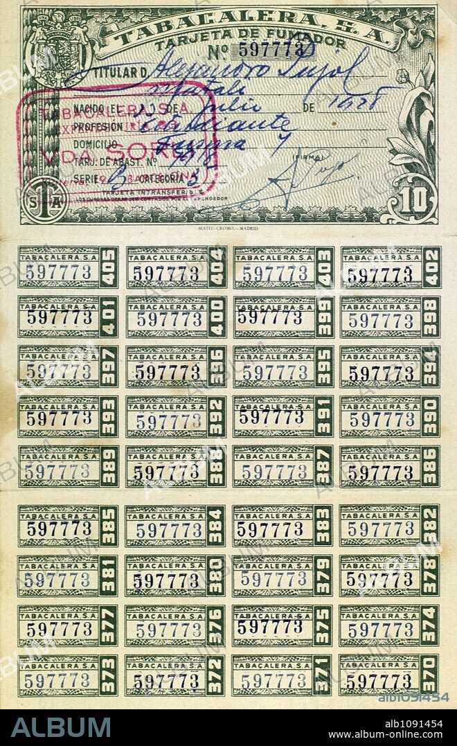 Tarjeta de racionamiento. Tarjeta de fumador. Tabacalera, S.A.