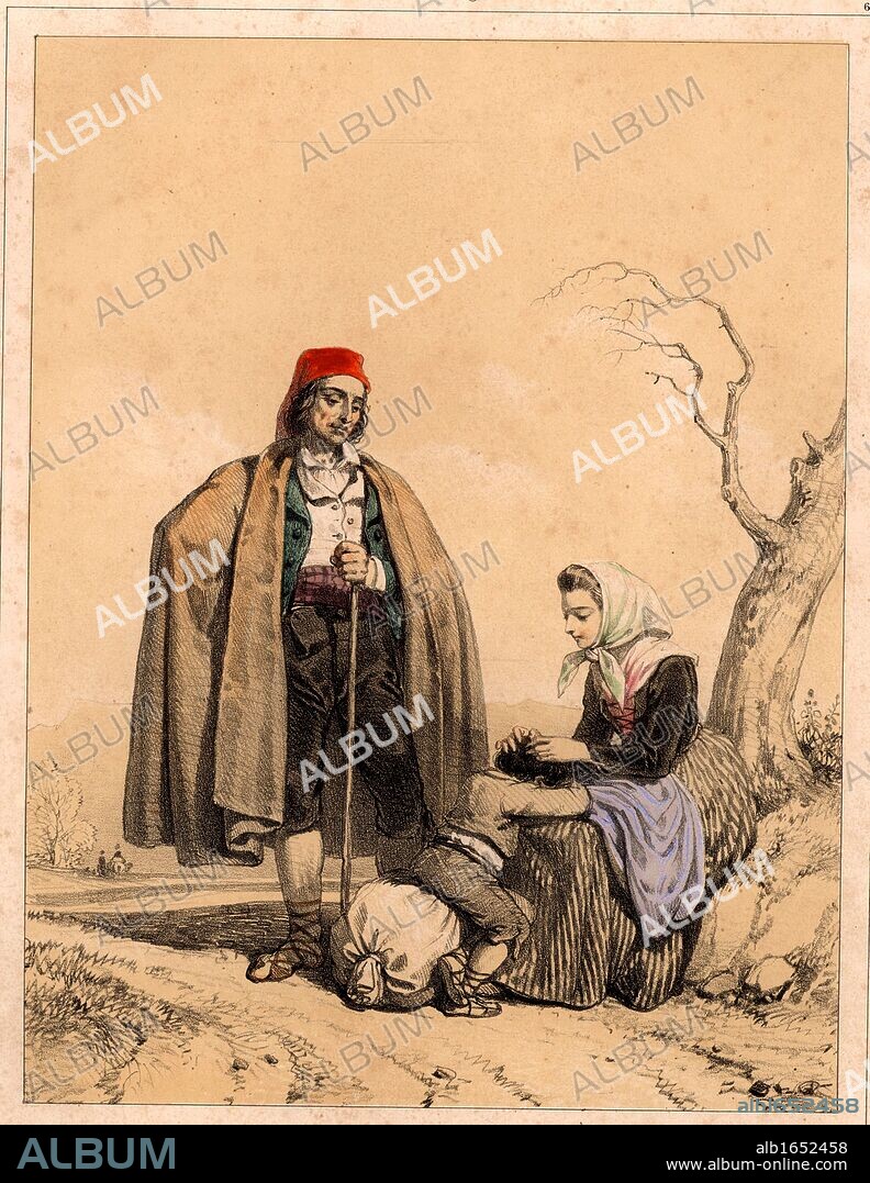 Epidemic Typhus or Gaol Fever, caused by the organism Rickettsia prowazeki, is spread by lice. Here a peasant woman in the Spanish Pyrenees is removing lice, the vector for the disease, from her child's head as the family takes a rest on their journey. Tinted lithograph from "Nouvelles Suite de Costumes des Pyrenees" (Paris, c1840).  (Photo by: Universal History Archive/UIG via Getty Images).