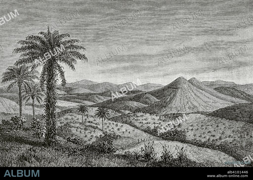 Africa Central. Paisaje. Grabado. Africa Inexplorada, El Continente Misterioso, por Henry Morton Stanley, h. 1887. Biblioteca Histórico Militar de Barcelona, Cataluña, España.