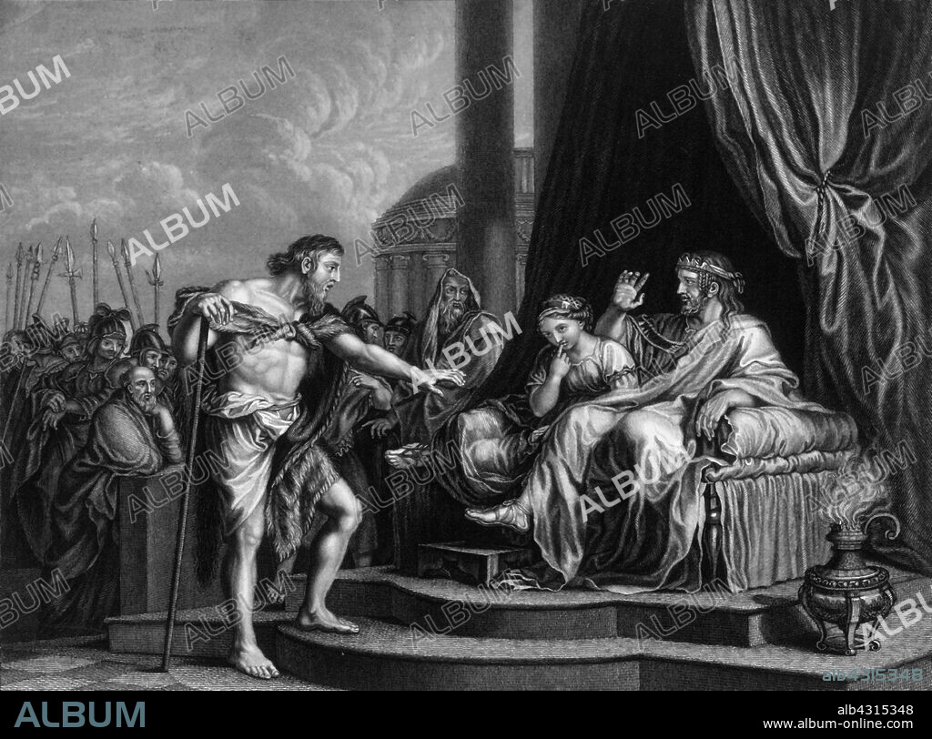 WILLIAM HENRY MOTE. 'Herod being reproved by him for many evils, shut up John in prison', mid 19th century. Biblical scene from Luke 3: 19 & 20: St John the Baptist was sentenced to death and subsequently beheaded by Herod Antipas after John rebuked him for divorcing his wife. Engraving after a painting of the 17th century.