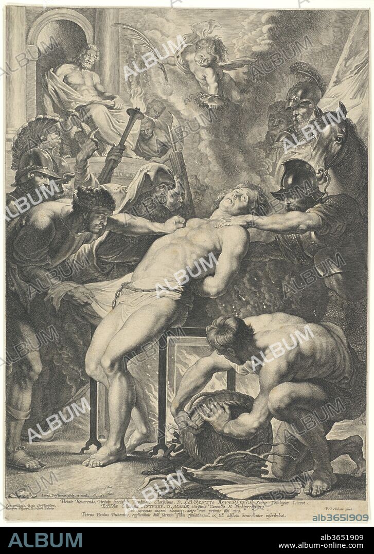 Martyrdom of Saint Lawrence. Artist: After Peter Paul Rubens (Flemish, Siegen 1577-1640 Antwerp); Lucas Vorsterman I (Flemish, Zaltbommel 1595-1675 Antwerp). Dedicatee: Lawrence Beyerlinck. Dimensions: Sheet (Trimmed): 15 3/8 × 10 7/8 in. (39 × 27.6 cm). Date: 1621.
Having realized the potential profits to be made from reproductive engravings of his work, Rubens began to engage young printmakers from 1619 onward. Lucas Vorsterman, who had been practicing as an engraver from the age of twelve, was the first engraver to work for Rubens. In 1621, Vorsterman made this engraving, showing Rubens's painting of the Martyrdom of Saint Lawrence, which at the time was hanging in the Notre-Dame de la Chapelle in Brussels (now Alte Pinakothek, Munich). The engraving displays the painting in reverse. One of Rubens's assistants (possibly Anthony van Dyck) made the preparatory drawing for the print (see 61.88). The spectacular variations in light and dark tones, as well as the perfect mastering of the burin, make this one of Vorsterman's best prints.
Rubens dedicated this print to the Antwerp humanist and namesake of the saint, Laurentius Beyerlink.