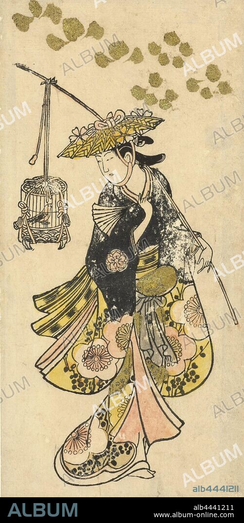 Young woman with bird cage, Woman with hat and in kimono with pattern of large plum blossom, looking at bird cage hanging on stick which she carries over her right shoulder, in her left hand a fan, bird in a cage, Okumura Toshinobu (attributed to), Japan, 1720 - 1730, paper, copper powder, h 312 mm × w 151 mm.