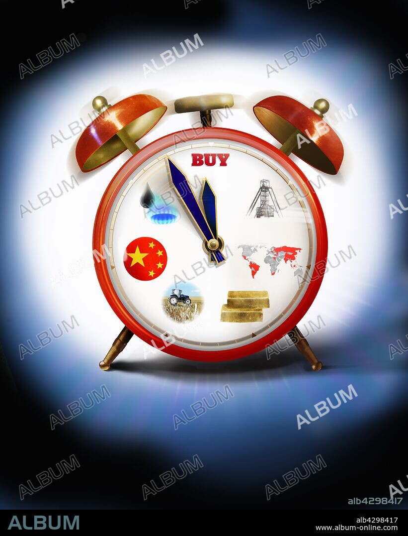 Alarm clock with commodities on clock face hands approaching midnight.