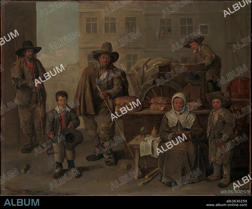 The Baker's Cart. Artist: Jean Michelin (French, ca. 1616-1670). Dimensions: 38 3/4 x 49 3/8 in. (98.4 x 125.4 cm). Date: 1656.
Although depictions of peasants and popular life in rural settings were common in the mid-17th century, Michelin situates his subjects in an urban context.  The baker and his cart are prominent but the artist also presents others who sold their wares in the streets of Paris, such as the old woman offering medicinal eau-de-vie and the boy with a large basket on his back.  Little is known about Michelin but this painting has served as a fixed point in defining his oeuvre since his signature and a date were discovered during a cleaning of this canvas in the late 1920s.