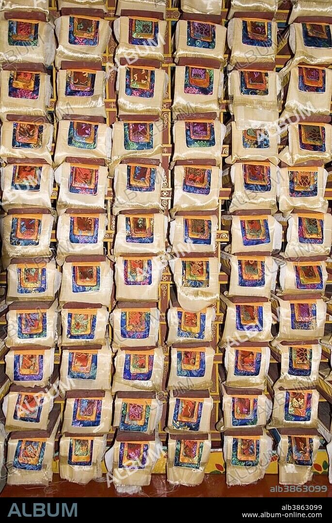 Bookshelf of a buddhist monastery library, Nepal, Asia.