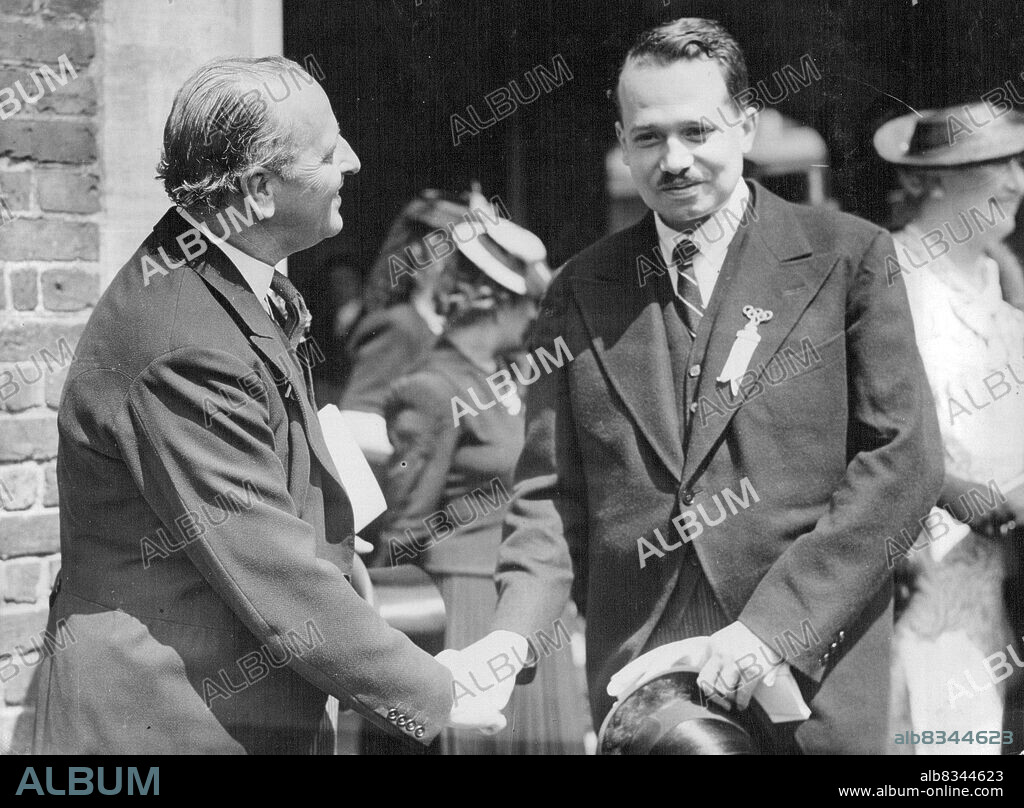 Prince Of Liechtenstein At Olympic Meeting In London -- Prince Francis Josef II, 32-year-old ruler of the Principality of Liechtenstein, shaking hands with Sir Noel Curtis-Bennett (left), one of the British delegates, at St. James' Palace, London.Spokesmen of 45 nations are taking part in the meetings of the International Olympic Association which have begun at St. James Palace, London, to decide the programme of the 1940 games at Helsingfors and the country in which the Olympic Games wil be held in 1944. Efforts are being made by the British delegates to get the 1944 Olympics for London. June 6, 1939.