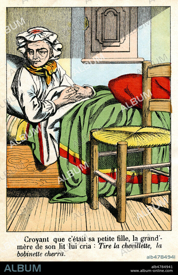 De son lit, la grand-mere lui cria : Tire la chevillette, la bobinette cherra. Illustration anonyme vers 1880 pour Le petit Chaperon rouge. Imagerie Olivier-Pinot a Epinal. Credit : Collection Jonas/Kharbine-Tapabor.