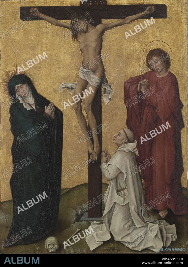 The Crucifixion with a Carthusian Monk, c. 1460. This painting shows a Carthusian monk kneeling in devotion and prayer before the Crucifixion. It is likely that this panel was intended for the cell of a monk in an unknown monastery. The Carthusians were particularly devoted to the Passion and Crucifixion of Christ, and devotional images were provided for each monk?s cell. The Carthusian order was founded by Saint Bruno in 1084 with the purpose of providing the strictest separation from the world. The first Carthusians were dedicated to contemplation through silence, prayer, poverty, penance, and almost continuous occupancy of a solitary cell. The solitary life could only be maintained through the establishment of separate cell houses. Each community of monks was limited to the apostolic number of 12, though exceptions were sometimes made. They were recognized by their white, full-length, cowled habit called the scapular, shown here. The artist has not been identified.