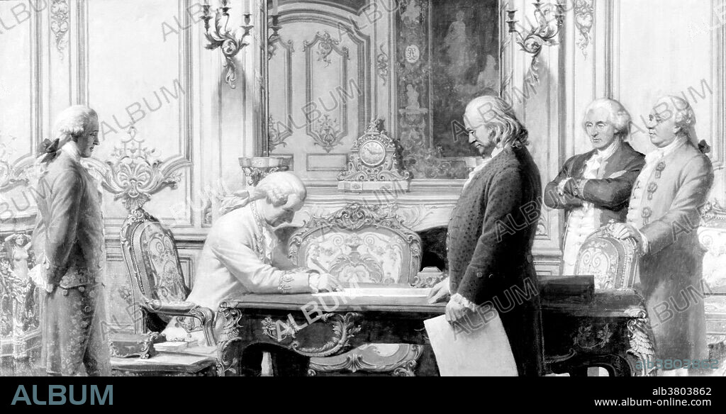 Signing of the Treaty of Amity and Commerce Between the United States and France. Along with its sister document the Treaty of Alliance, was one of two treaties signed on February 6, 1778 at the HÃ´tel de Crillon in Paris, France between the United States and France. The treaty established a commercial alliance between these two nations and was signed during the American Revolutionary War. Benjamin Franklin, Silas Deane and Arthur Lee signed for the United Staes. Conrad Alexandre GÃ©rard de Rayneval signed for France and became the first French diplomatic representative to the United States. Created for the Detroit Publishing Company by Charles E. Mills, circa 1990-20.