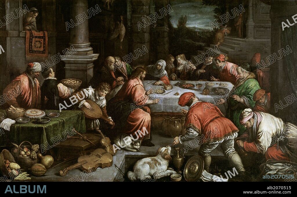 Leandro Bassano / 'Las bodas de Caná', Siglo XVI, Escuela Italiana, Óleo sobre Lienzo, 127 cm x 203 cm, P06985.