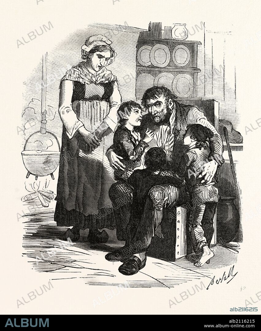 French family in the kitchen by Bertall, 1820-1882, Paris, Soyons, France. interior, kitchen, man, woman, mother, father, children, child, open fire, cooking, pot, 19th century, food and drink. According to other contemporaries, Bertall has as an illustrator strong originality and as a cartoonist perhaps less finesse and elegance as Gavarni and less grotesque than Daumier, but he is sparkling with gaiety and originality, liszt gourmet archive.