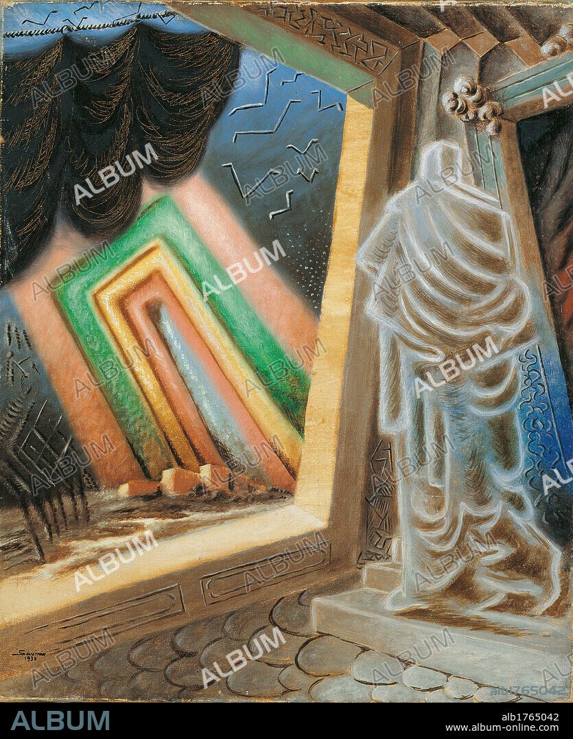 ALBERTO SAVINIO. The Night of King Solomon, by Alberto (Andrea de Chirico) Savinio, 1930, 20th Century, oil on canvas, cm 65 x 55. Italy, Lombardy, Milan, private collection. All. Headless statue cloud black sky birds.  Please remember that author's rights have to be cleared for modern and contemporary works of arts.
