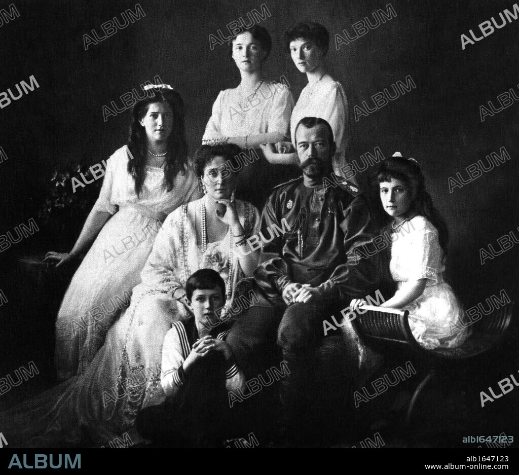 The Romanovs (ruling family of Russia) 1913. Nicholas II (1868-1918), Tsar of Russia 1894-1917, with his wife and children, including the Tsarevich Alexi who suffered from Haemophilia.