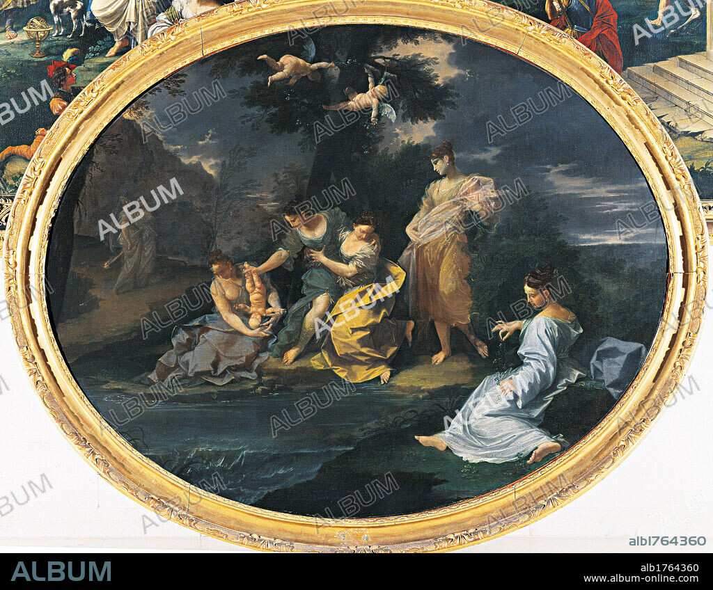 Thetis Dripping Achilles in the Waters of the Stix, by Donato Creti, 1710 about, 18th Century, oil on canvas, cm 129 x 163 oval. Italy, Emilia Romagna, Bologna, National Art Gallery, inv. 393. All. Child newborn Achillea Tethys handmaids river Styx tunics putti tree yellow light blue azure blue gray. Authorization required for non editorial use.