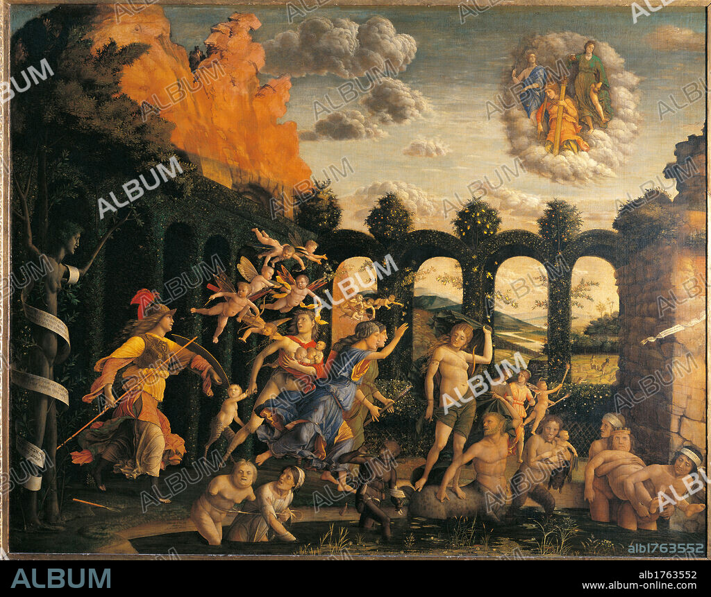 Triumph of Virtue, by Andrea Mantegna, 1502 about, 16th Century, tempera on canvas, cm 160 x 192. France, Ile de France, Paris, Muse du Louvre. All. Garden, hedge, landscape, wall, Minerva, Venus Lust, centaur, Diana, Cupid, Chastity, Idleness, Inertia, Flight of Vices, Greed, Ingratitude, Ignorance, metamorphosis of Daphne, Fortress, Temperance, Justice.