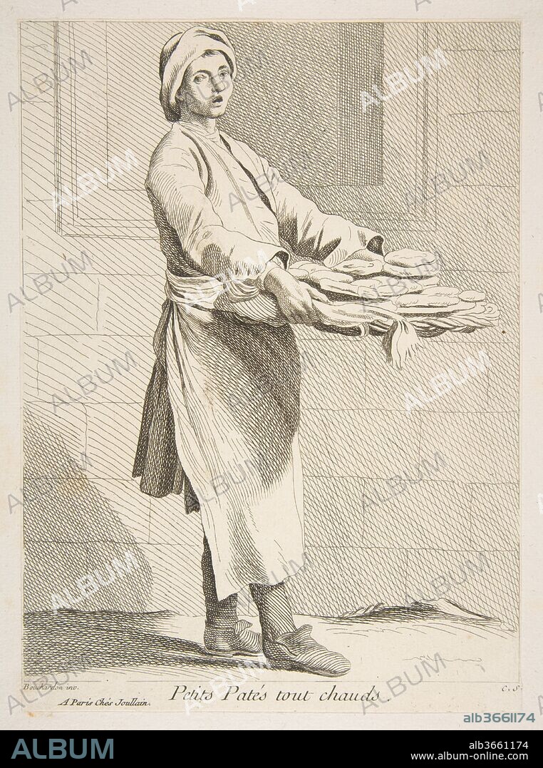 COMTE DE CAYLUS ANNE CLAUDE PHILIPPE DE TUBIÈRES et AFTER EDME BOUCHARDON. Pastry Seller. Artist: Anne Claude Philippe de Tubières, comte de Caylus (French, Paris 1692-1765 Paris); After Edme Bouchardon (French, Chaumont 1698-1762 Paris). Dimensions: Sheet: 9 5/16 x 6 3/4 in. (23.6 x 17.1 cm)
Image: 8 7/8 x 6 5/8 in. (22.5 x 16.9 cm). Publisher: François Joullain (French, Paris 1697-1778 Paris). Series/Portfolio: Cries of Paris: Third Set
(Études Prises dans le Bas Peuple où les Cris de Paris: Troisième Suite). Date: 1738.