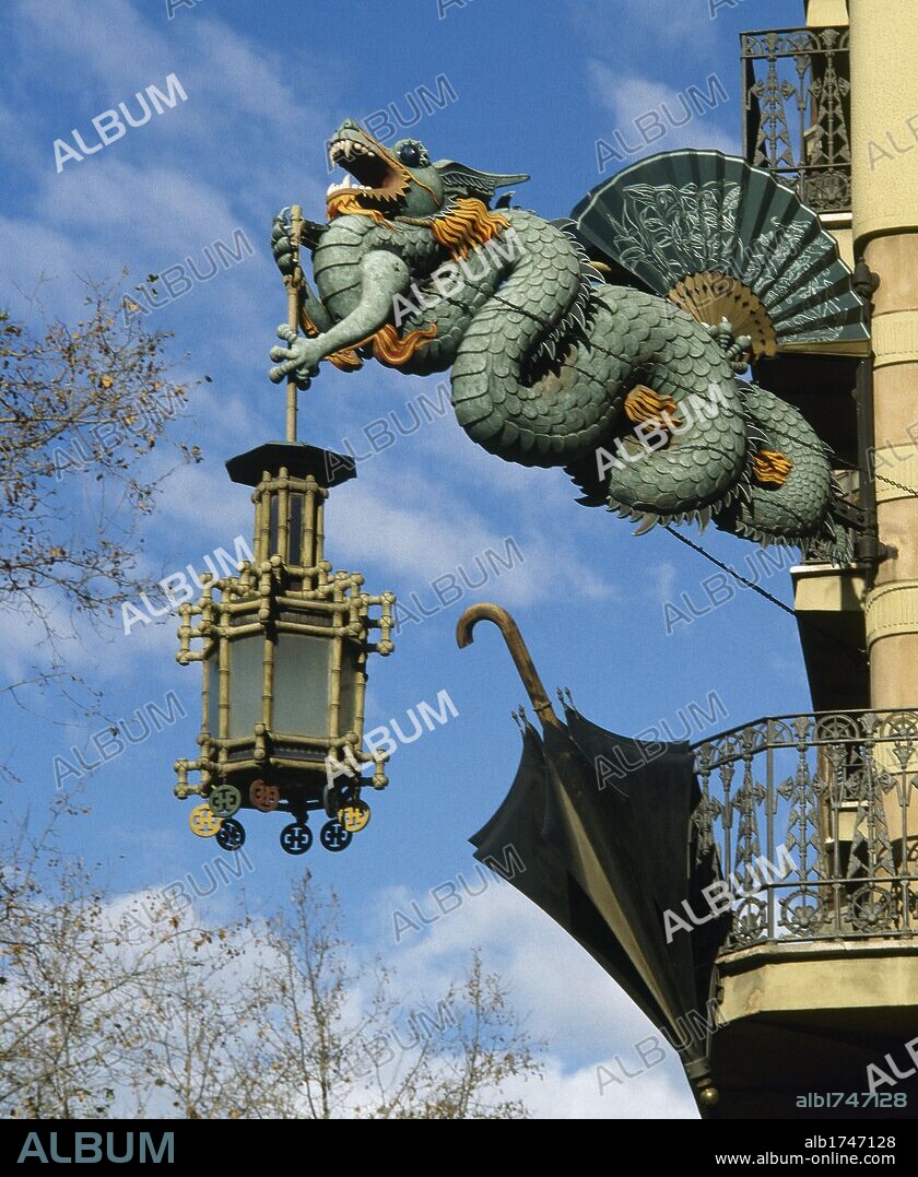 Spain. Catalonia. Barcelona. House Bruno Cuadros or House of Umbrella. Renovated building at 1888 for Josep Vilaseca i Casanovas (1848-1910). Modernist style. Detail dragon.
