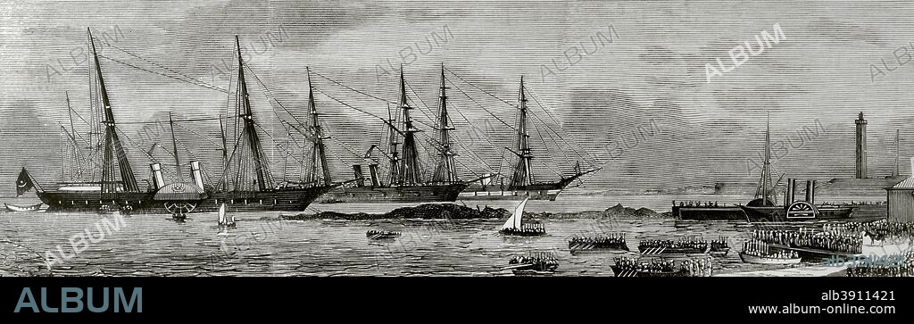 Cuestión de Oriente. Guerra Turco-Serbia (1876-1878). Serbia declaró la guerra al Imperio Otomano el 30 de junio de 1876. Ismail Pasha (1830-1895), Khedive de Egipto y Sudán (1863-1879), envió un ejército de 8.000 soldados al gobierno de Constantinopla como refuerzo de las tropas en la guerra contra los principados de Serbia y Montenegro. Ceremonia del embarque de tropas egipcias en el puerto de Alejandría (Egipto), presidida por el Khedive, el 10 de julio de 1876. Grabado. La Ilustración Española y Americana, 15 de agosto de 1876. Biblioteca Histórico Militar de Barcelona. Cataluña, España.