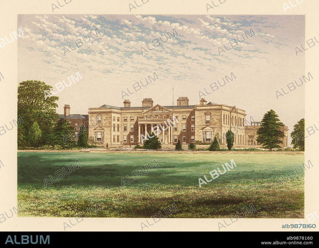 Gopsall Hall, Leicestershire, England. Georgian neo-classical country house designed by William and David Hiorns and built in 1750 for landowner Charles Jennens. Colour woodblock by Benjamin Fawcett in the Baxter process of an illustration by Alexander Francis Lydon from Reverend Francis Orpen Morriss Picturesque Views of the Seats of Noblemen and Gentlemen of Great Britain and Ireland, William Mackenzie, London, 1880.