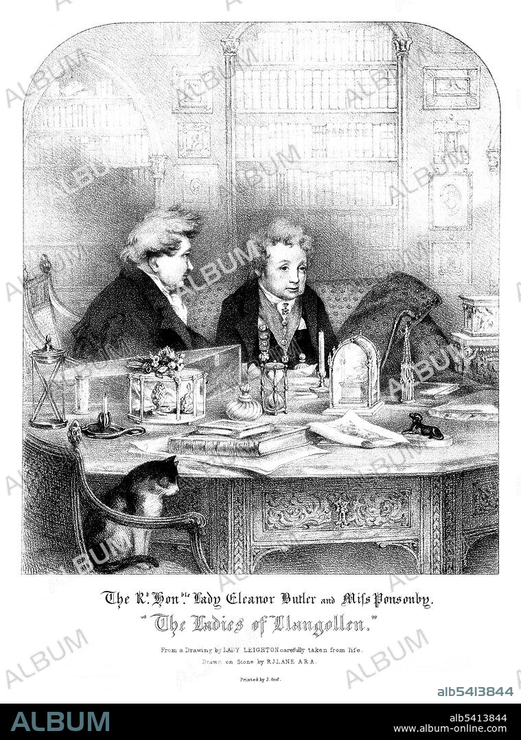 The "Ladies of Llangollen", Eleanor Charlotte Butler (May 11, 1739 - June 2, 1829) and Sarah Ponsonby (1755 - December 9, 1831), were two upper-class Irish women whose relationship scandalized and fascinated their contemporaries. They met in 1768, and quickly became close. Over the years they formulated a plan for a private rural retreat to live an unconventional life together. Putting their plan into motion, they took a tour of the Welsh countryside, eventually settling in North Wales. Living first in a rented home in the village of Llangollen, they moved in 1780 to a small cottage they called Plas Newydd (new mansion). They devoted their time to extensive correspondence, private studies, and improving their estate. After a couple of years, their life attracted the interest of the outside world. Their house became a haven for visitors traveling between Dublin and London. Queen Charlotte wanted to see their cottage and persuaded the King to grant them a pension. Eventually their families came to tolerate them. They lived together for over 50 years. Their books and glassware carried both sets of initials and their letters were jointly signed. Eleanor died in 1829 at the age of 90 and Sarah died in 1831 at the age of 76.