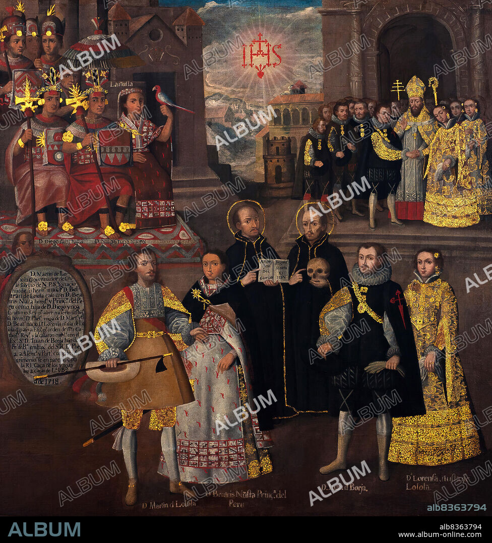 Matrimonio de Martín de Loyola con doña Beatriz Ñusta, y de Don Juan Borja con Lorenza Ñusta. Anónimo. 1718, Cusco Óleo sobre tela con aplicación en pan de oro 175.2 x 168.3 cm.