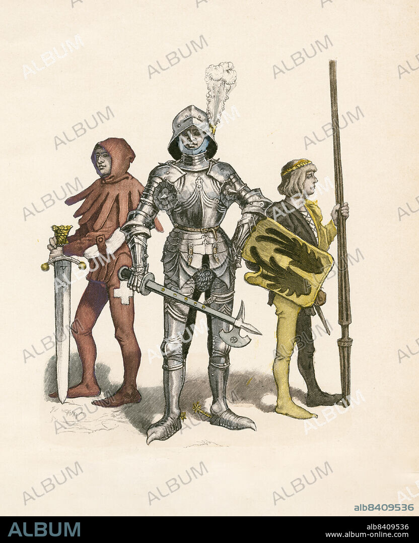 Executioner, Captain, Boy, Swiss Military Costume, 15th Century, Illustration, The History of Costume, Braun & Schneider, Munich, Germany, 1861-1880.