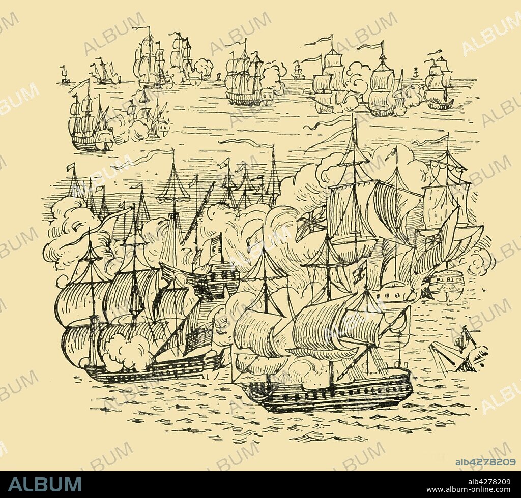 'A Sea-Fight Between Admiral Blake and the Dutch', c1930. The English fleet take on the Dutch in a naval battle in the 1650s. Admiral Robert Blake (1598-1657) was an important military commander of the Commonwealth of England and one of the most famous English admirals of the 17th century. After a 17th-century engraving. From "The World's Story, a Simple History for Boys and Girls", by Elizabeth O'Neill. [T. C. & E. C. Jack, London & Edinburgh, c1930].