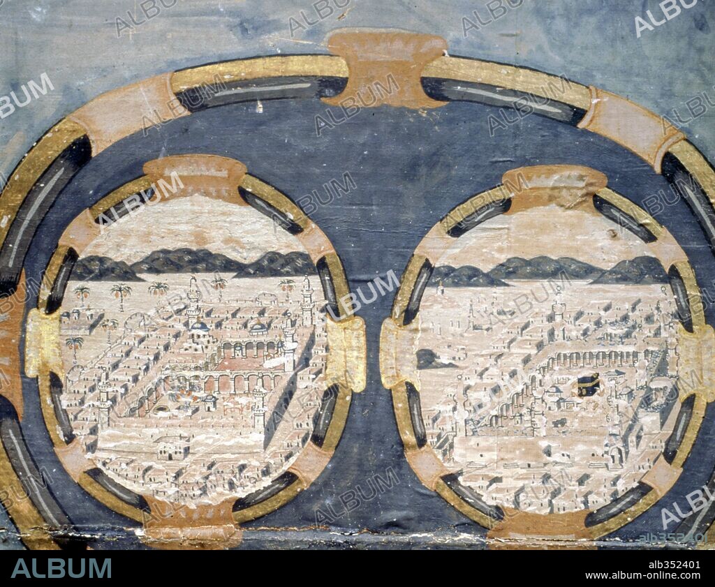 Detail from Koran of Sultan osman III painted on wood (S. IX) showing Mecca and the tomb of the Prophet.