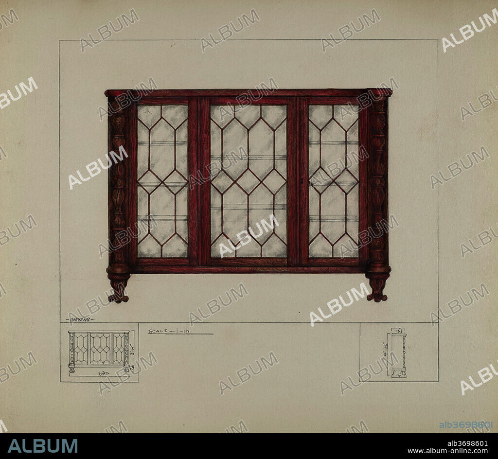 HENRY MEYERS. China Closet. Dated: c. 1936. Dimensions: overall: 24.9 x 28 cm (9 13/16 x 11 in.)  Original IAD Object: 4'3"high; 6'long; 16"deep. Medium: watercolor, gouache, colored pencil, and graphite on paperboard.