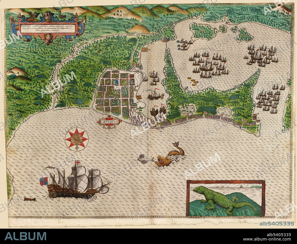 Cartagena (Colombia). The fleet sailed to Cartagena; situated on the South American coast of Colombia, and captured the town of February 9th. Drake demanded, and received, a ransom of 110,000 ducats. This view of Cartagena depicts the English infantry marching on the city. The fleet remained on the coast for six weeks of repair before sailing around Cuba, through the Florida Straits, and on to St. Augustine. Map and Views Illustrating Sir Francis Drake’s West Indian Voyage, 1585-6 by Baptista Boazio.