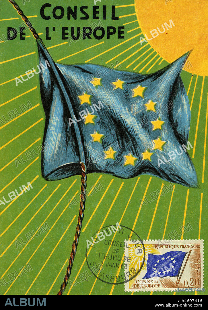'Conseil de l'Europe'. Illustration anonyme pour une carte postale vers de 1963, avec une obliteration Timbre premier jour. Credit : Collection IM/KHARBINE-TAPABOR.