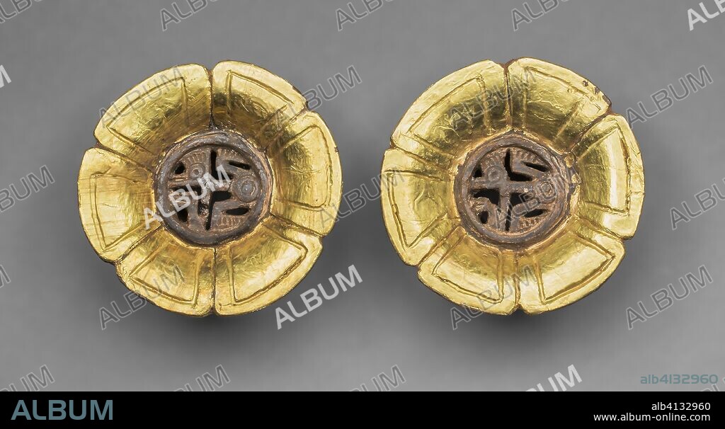 Flower-Shaped Ear Ornaments. Aztec (Mexica); Tenochtitlan, Mexico. Date: 1401-1533. Dimensions: Each 5.7 × 2.9 cm (2 1/4 × 1 1/8 in.). Ceramic and gold foil. Origin: Mexico.